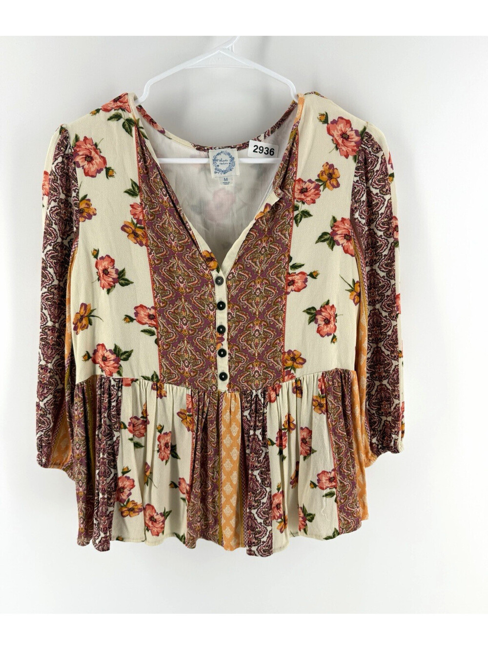 Blue Rain Floral Paisley Tunic Blouse V-Neck Button Pleated Lined Rayon M
